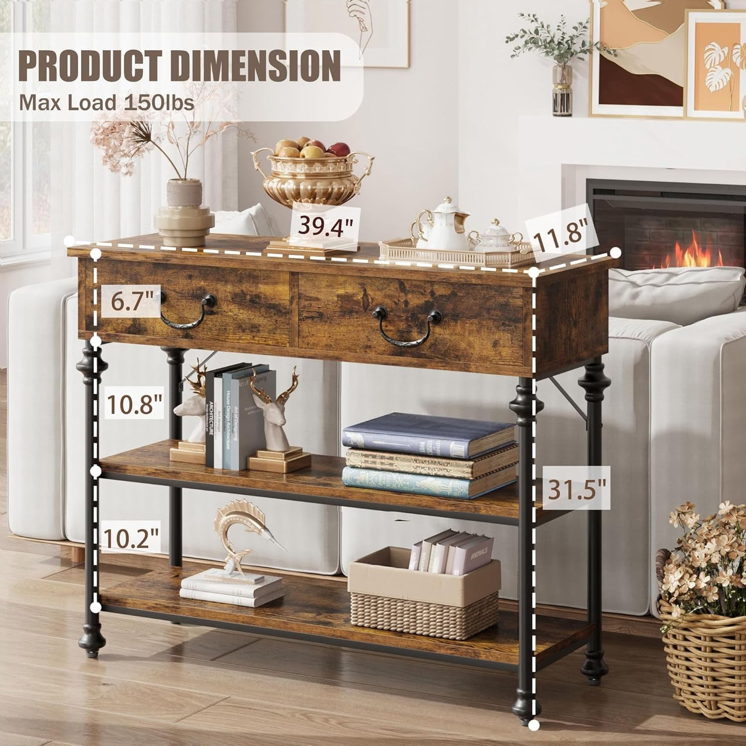 Roman Column Entryway Table, 39'' Farmhouse Sofa Table with 2 Drawers and Storage Shelves, Narrow Console Table for Living Room, Hallway, Foyer, Retro Brown