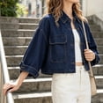 thumbnail image 3 of Womens 3/4 Sleeve Cropped Denim Jackets Casual Button Down Loose Coat with Pockets, 3 of 7