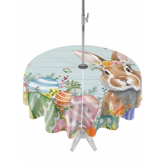 Easter Bunny Outdoor Tablecloth - 60 Inch Round Dining Table Cover, Colorful Easter Eggs Eucalyptus Teal Wooden Waterproof Outdoor Table Cloth with Umbrella Hole & Zipper for Picnic/Patio/Party