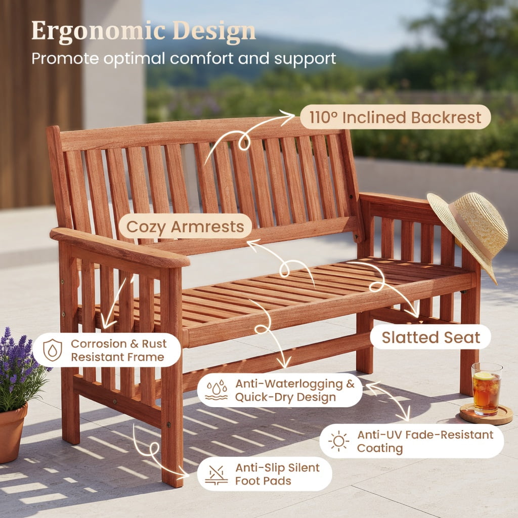 Hommoo 2-Person Wood Outdoor Garden Bench with Backrest, Armrests & Slatted Seat, Sturdy Patio, Porch & Deck Seating for Backyard Relaxation, Natural