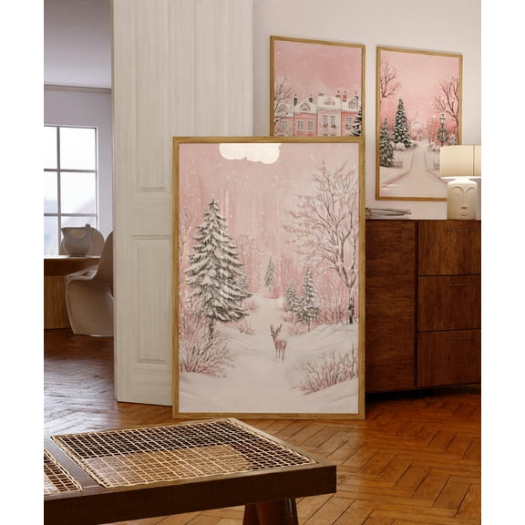 MSFCON Pink Winter Forest Print, Snowy Christmas Trees , Cute Reindeer Wall Art, Girly Holidays Poster