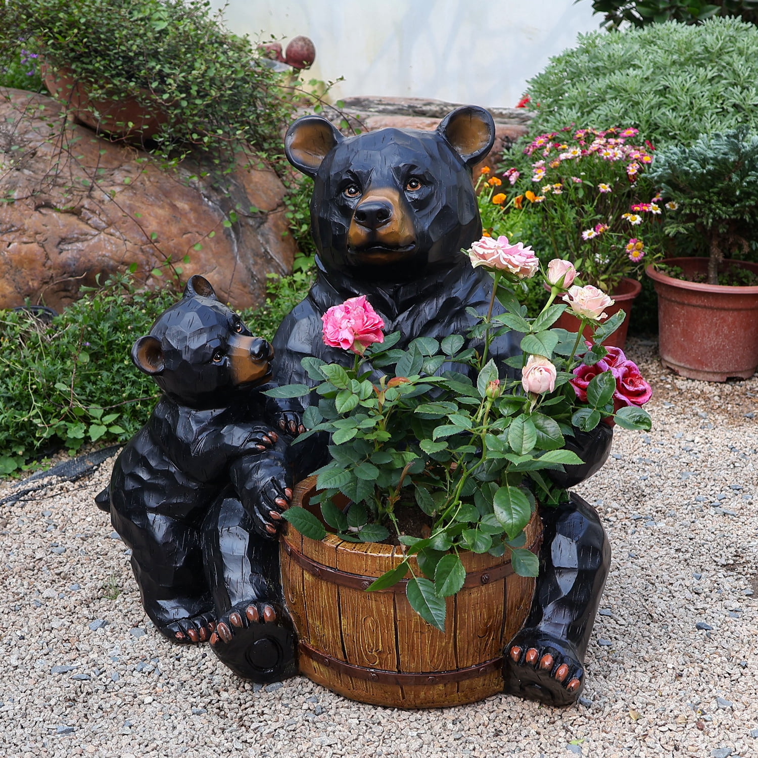 Outdoor Garden Bear Flower Pot Planter, Unique Yard Statue for Patio, Lawn, Garden, Backyard Landscape Decor, Black