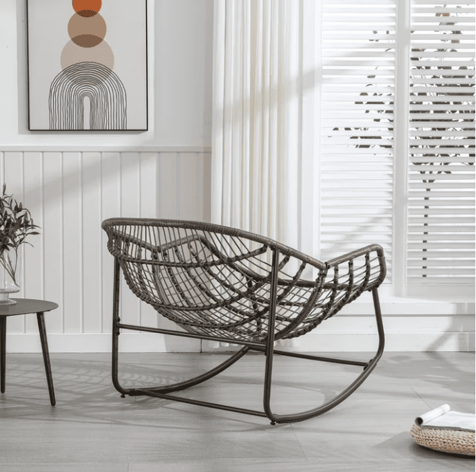 Outdoor Rocking Chair, Wicker Egg Rocking Chair Rattan Papasan Rocker with Thick Cushion