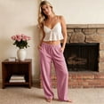 thumbnail image 5 of Domzest Striped Pants for Women Drawstring Elastic High Waist Wide Leg Linen Blend Trousers Casual Comfy Palazzo Pants with Pockets Pink L, 5 of 5