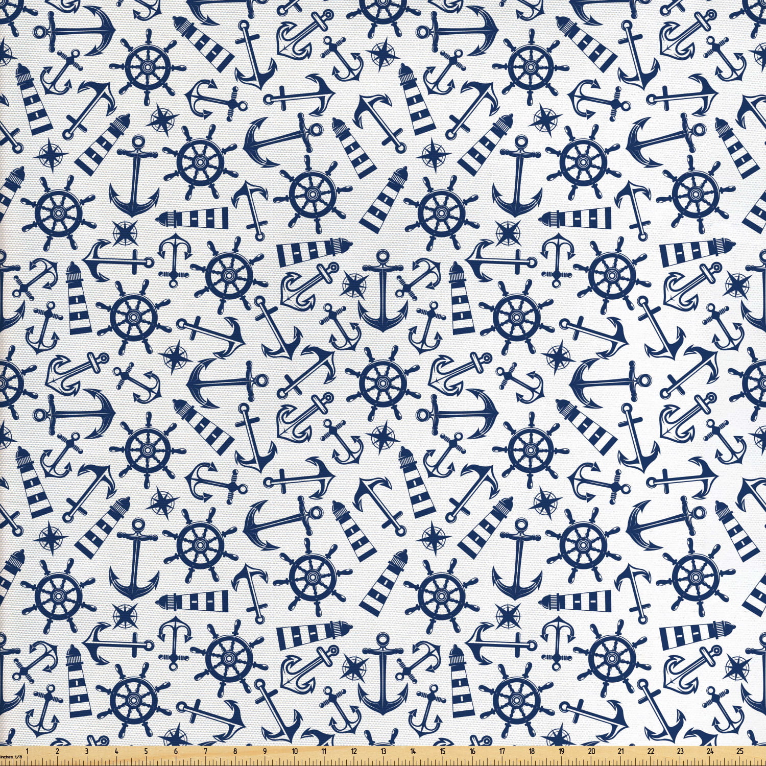 Navy White Fabric By The Yard Simple Retro Nautical Pattern With Anchor Helm Lighthouse And
