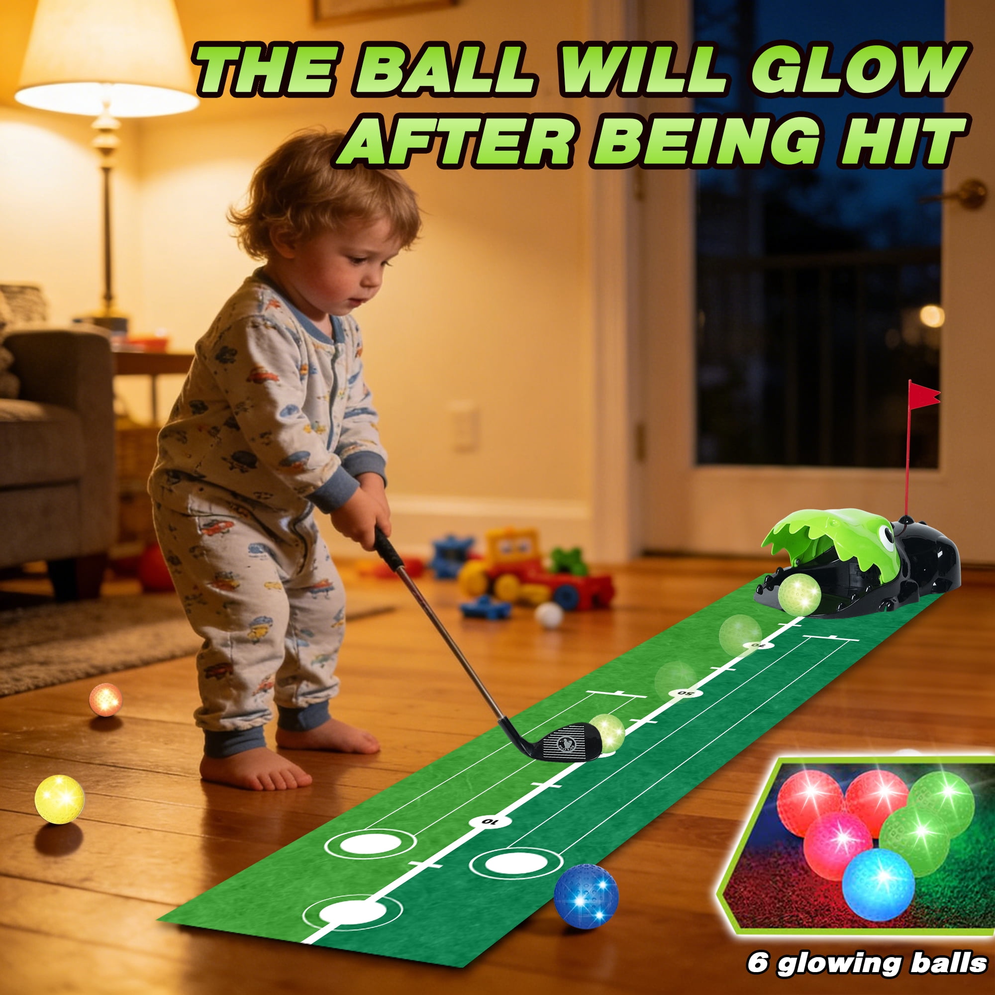 JUGAAD LIFE Toddler Golf Set Kids Toy Golf Clubs Set with Dinosaur Automatic Ball Returner 3 Clubs & Putting Mat Golf Game Indoor Outdoor Sport Toys Gift for Boys Girls 3 4 5 6+ Years Old - Green