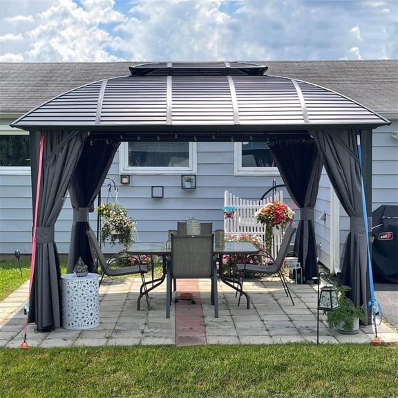 10'x12' Hardtop Gazebo, Outdoor Aluminum Hard Top Gazebo with Galvanized Steel Double Roof, Permanent Metal Roof Gazebo with Nettings, Curtains for Deck, Patio (Black)