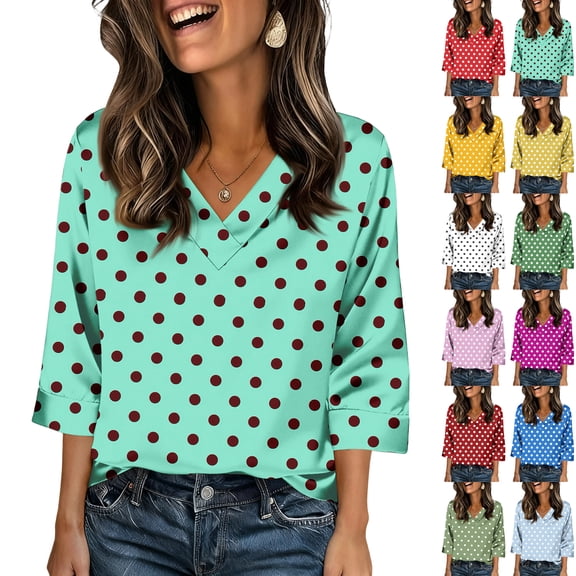 JoveMarine Women's V-Neck 3/4 Sleeve Satin Blouse with Polka Dot Print Loose Fit Lightweight Top for Spring/Summer Daily Wear Army Green L