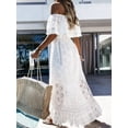 thumbnail image 6 of Women's Eyelet Ruffled Hem Off-Shoulder Dress with Lace Detailing and Slit Slight Stretch 100% Polyester Fabric, 6 of 9