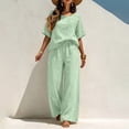 thumbnail image 3 of Aofany Two Piece Sets for Women Cotton Linen Outfits Casual Crew Neck Solid Short Sleeve Top and Wide Leg Pants Set, 3 of 4