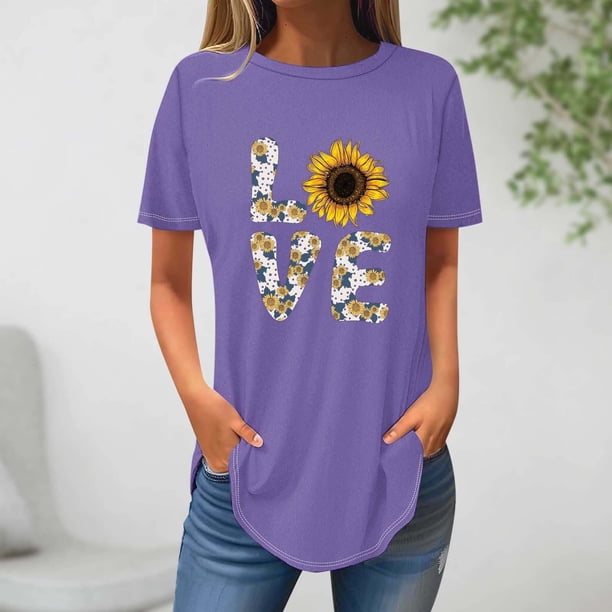 Fiudx Ropa de Mujer Top Suelto con Cuello Redondo y Estampado de Girasoles a La Moda Informal de Verano para Mujer