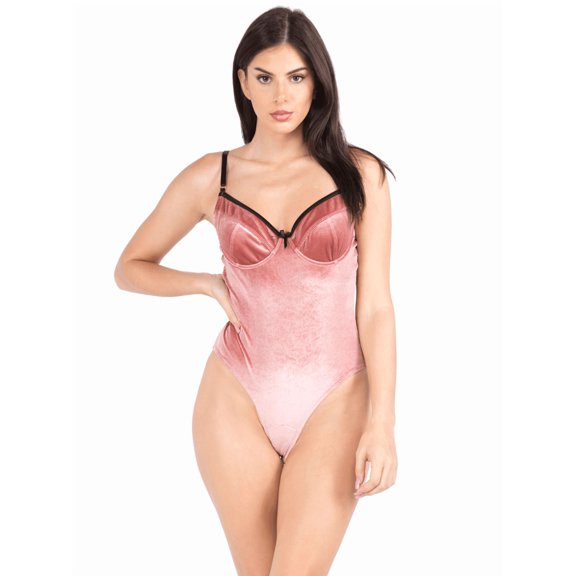 Velvet Underwire Bodysuit With Contrast Trim And Open Back