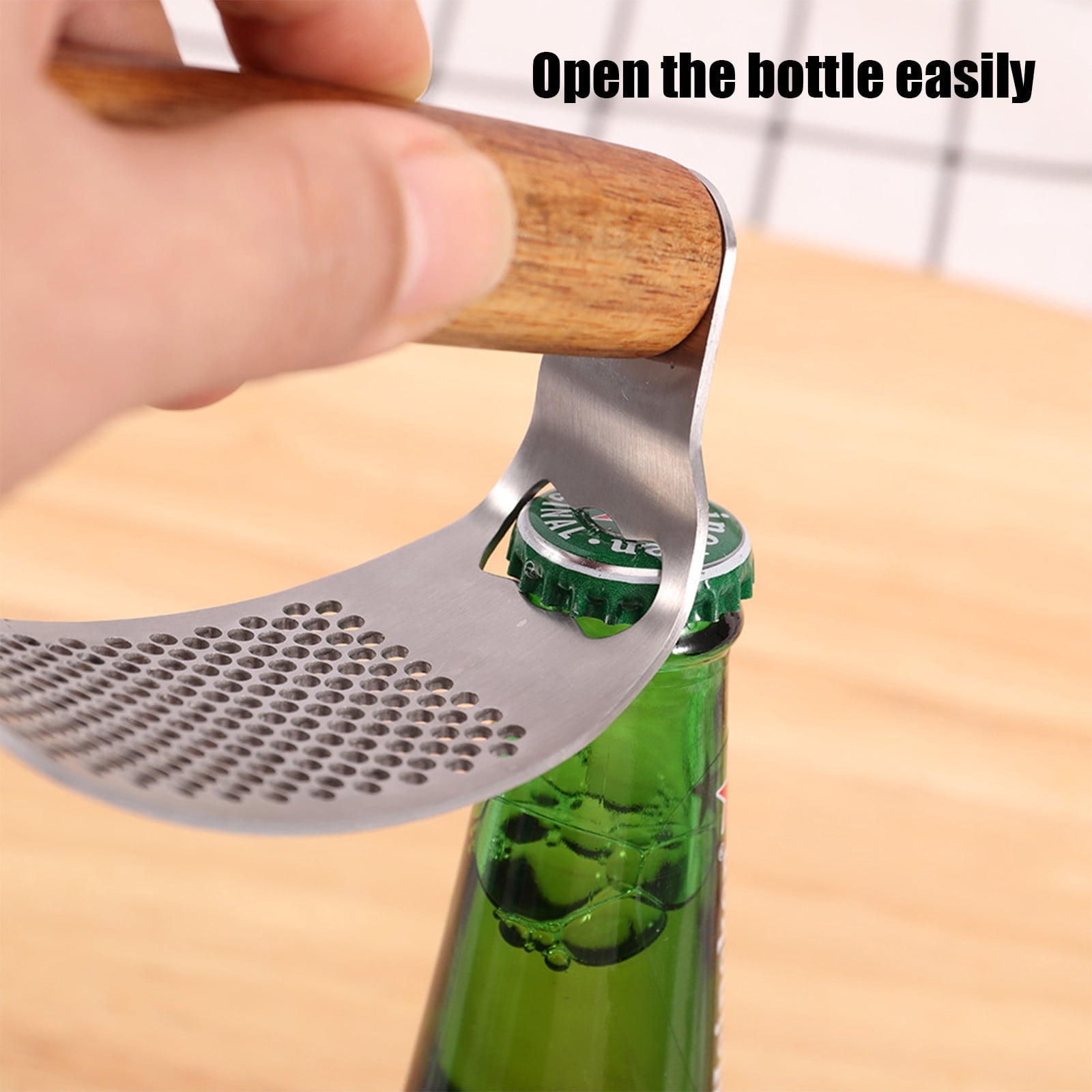 Bxaolu 1PC Upgraded Garlic Press Rocker, Manual Garlic Presser with Bottle Opener, Wood Handle Garlic Chopper Grinder for Home Kitchen Gadgets Tools (Free Cleaning Brush)