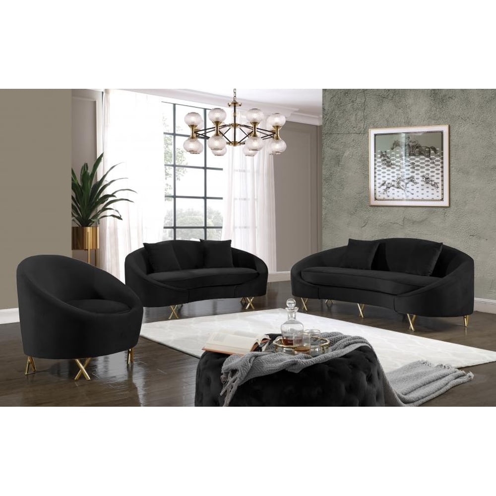 Black Velvet Gold Steel Legs Sofa Loveseat & Chair Meridian Furniture