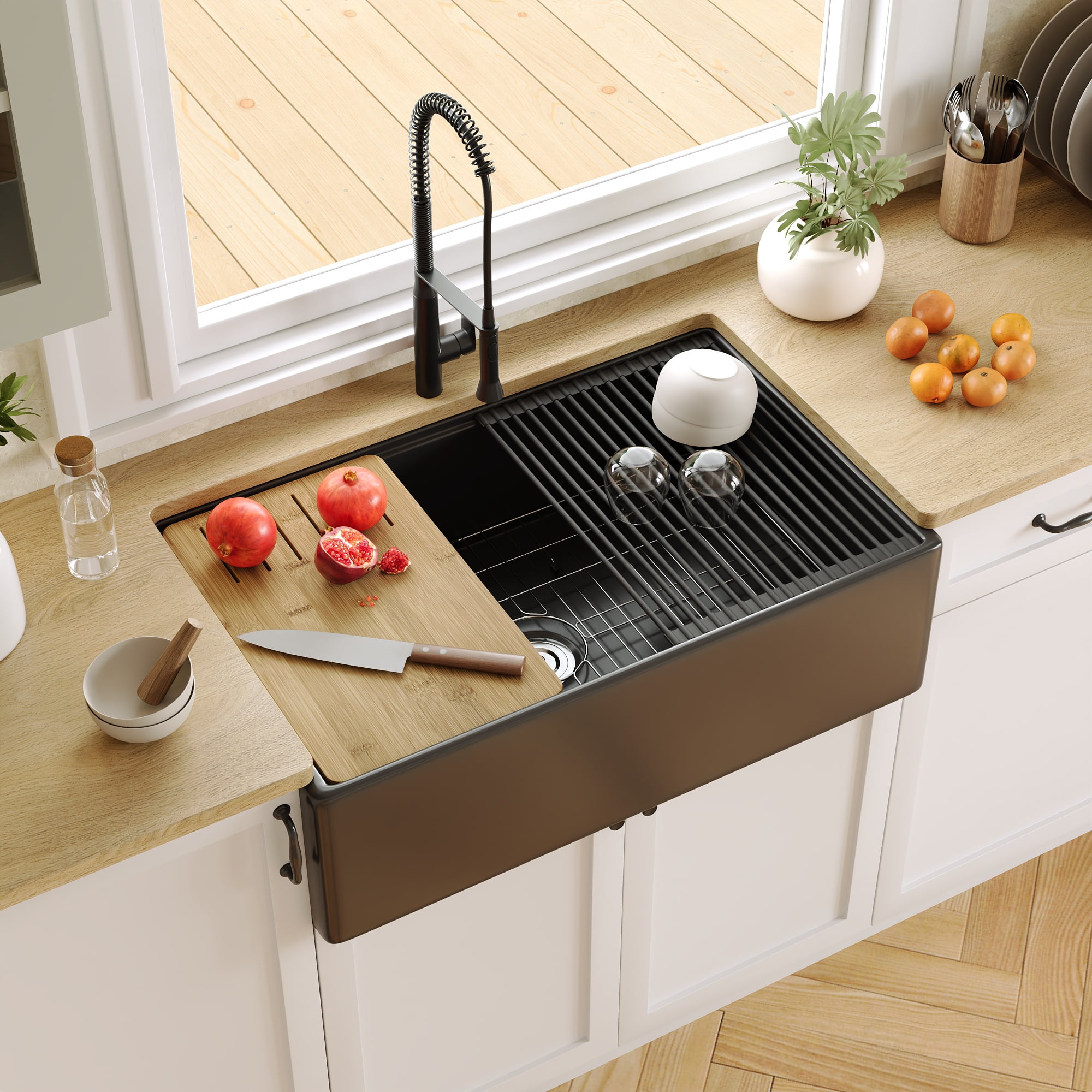 DV-1K0161B 33"L x 20"W Kitchen Sink, Farmhouse Workstation Sink with Cutting Board and Dish Drying Rack