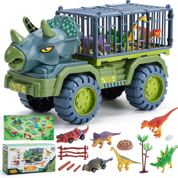 Wefone Dinosaur Transport Truck Toy Set for Kids, 25 Pcs Dinosaur Playset with Transport Carrier Truck & Realistic Dinosaur Figures, Dinosaur Toys for Boys Girls Ages 3
