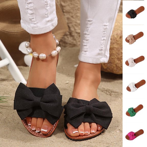 Women's Bow Sandals Trendy Casual Round Toe Flat Sandals Open Toe Slip on Slide Vacation Sandals White 9.5(43)