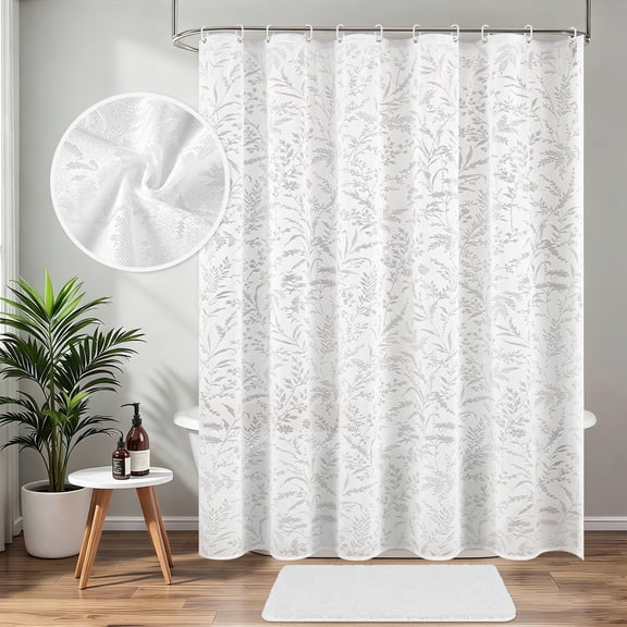 FRAMICS Fabric Shower Curtain Sets with Rug and Hooks, Lace Floral Leaves Bathroom Sets, Waterproof & Mold Resistant, White
