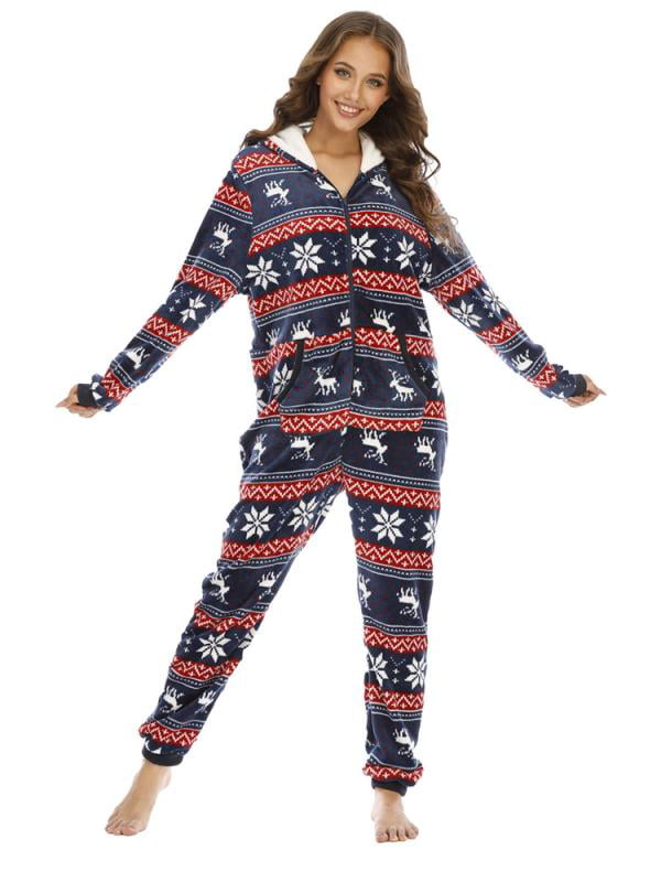 Christmas Pajamas for Women Onesie Cute Zip Rabbit Ears Hooded Rompers Santa Claus Print Thermal Cozy Pocket Sleepwear 