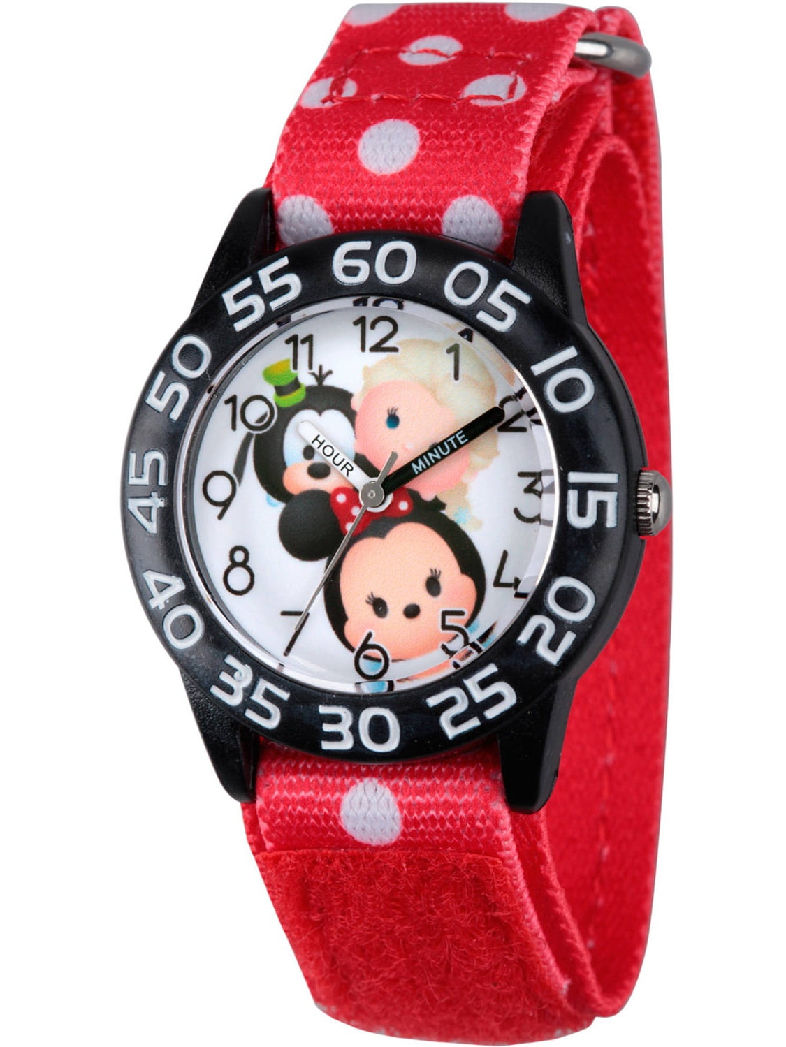 Disney Tsum Tsum, Mickey Mouse, Dumbo, Mike Wazowski and Snow White Girls' Black Plastic Time Teacher Watch, Red Hook and Loop Stretchy Nylon Strap with Printed White Polka Dot