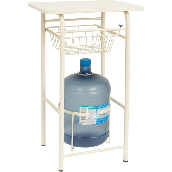 Mueble Porta Garrafón con Encimera de Madera y Cesta Extraíble o Estructura Mesa Metálica Blanca con Dispensador de Garrafon en Cocina Multiusos Compacta y Fácil de Usar (Chico)