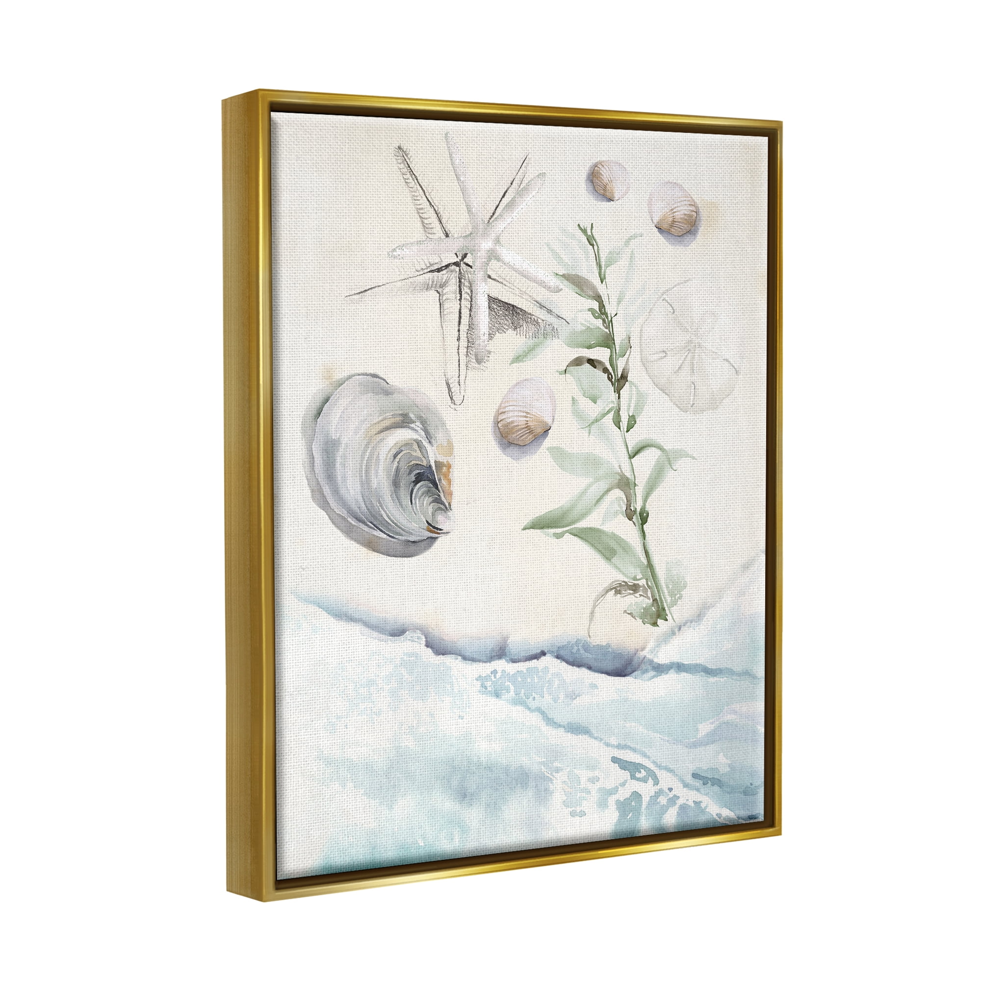 Stupell Starfish & Shells Lapping Beach Shore Landscape Painting Gold Floater Framed Art Print Wall Art