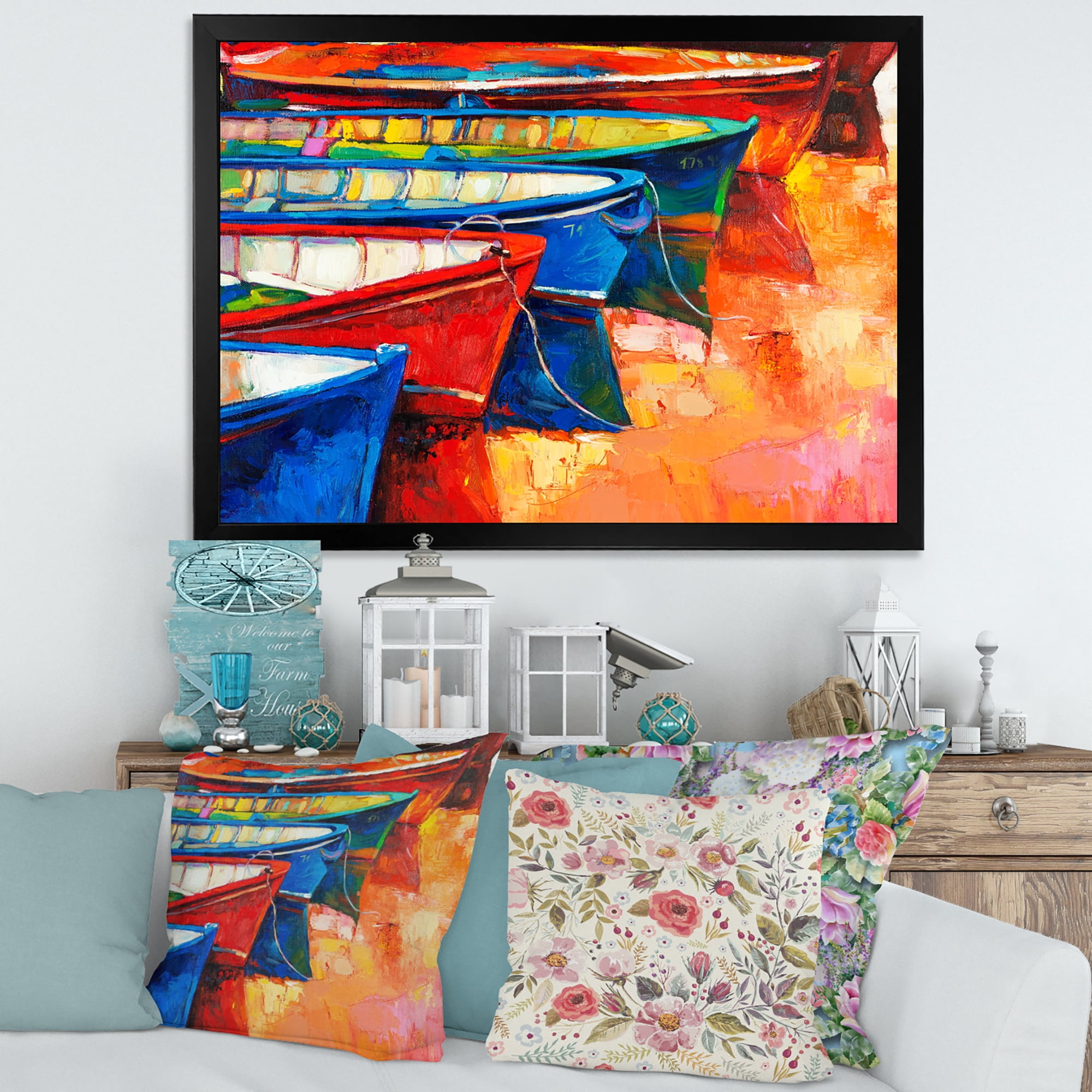 Boats During Warm Colour Sunset In The Harbor II 32 in x 16 in Framed Painting Canvas Art Print, by Designart