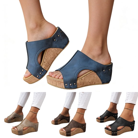 IEMIEMIEM Women's Platform Wedge Sandals Cork Wedges Heels Slip on Platform Slides Sandals Comfortable Open Toe Casual & Dressy 2026 Summer Beach Shoes Blue 7 Wide