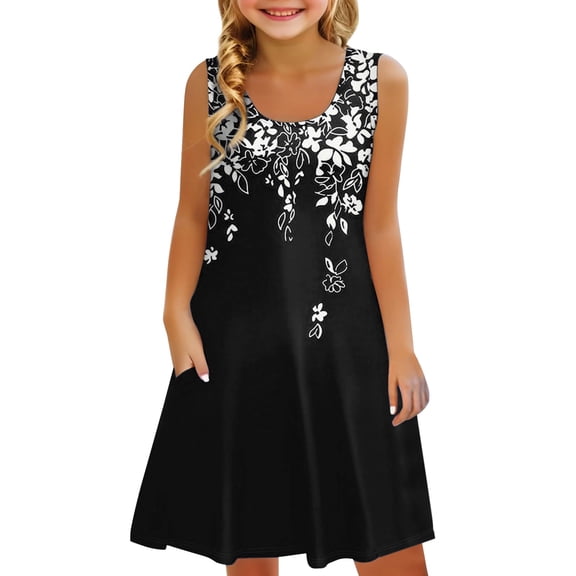 Coerni Kids Girls Floral Sleeveless Dress Scoop Neck Elegant Sundress Flowy A Line Dresses Flower Print Knee Length Dress