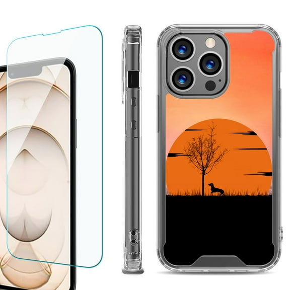 Shockproof Bumper Phone Case for iPhone 13 Pro Max, with Tempered Glass Screen Protector, by OneToughShield ® - Sunset Dachshund