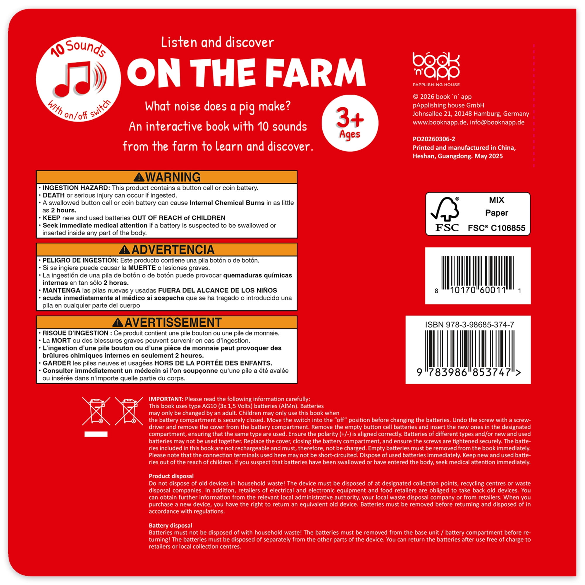 book 'n' app: Listen & Discover Book - On The Farm - Soft Touch Press, 10 Animal Themed Sounds, Interactive Play-Read-Learn Story, Kids-Toddlers 18Mo+