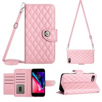 Charm Style for iPhone 7 / 8 / SE 2020 / SE 2022 Case RFID Blocking Wallet Card Holder Leather PU Flip Cover Folio Lanyard Crossbody Strap Women Girl Magnetic Clasp Kickstand, Pink