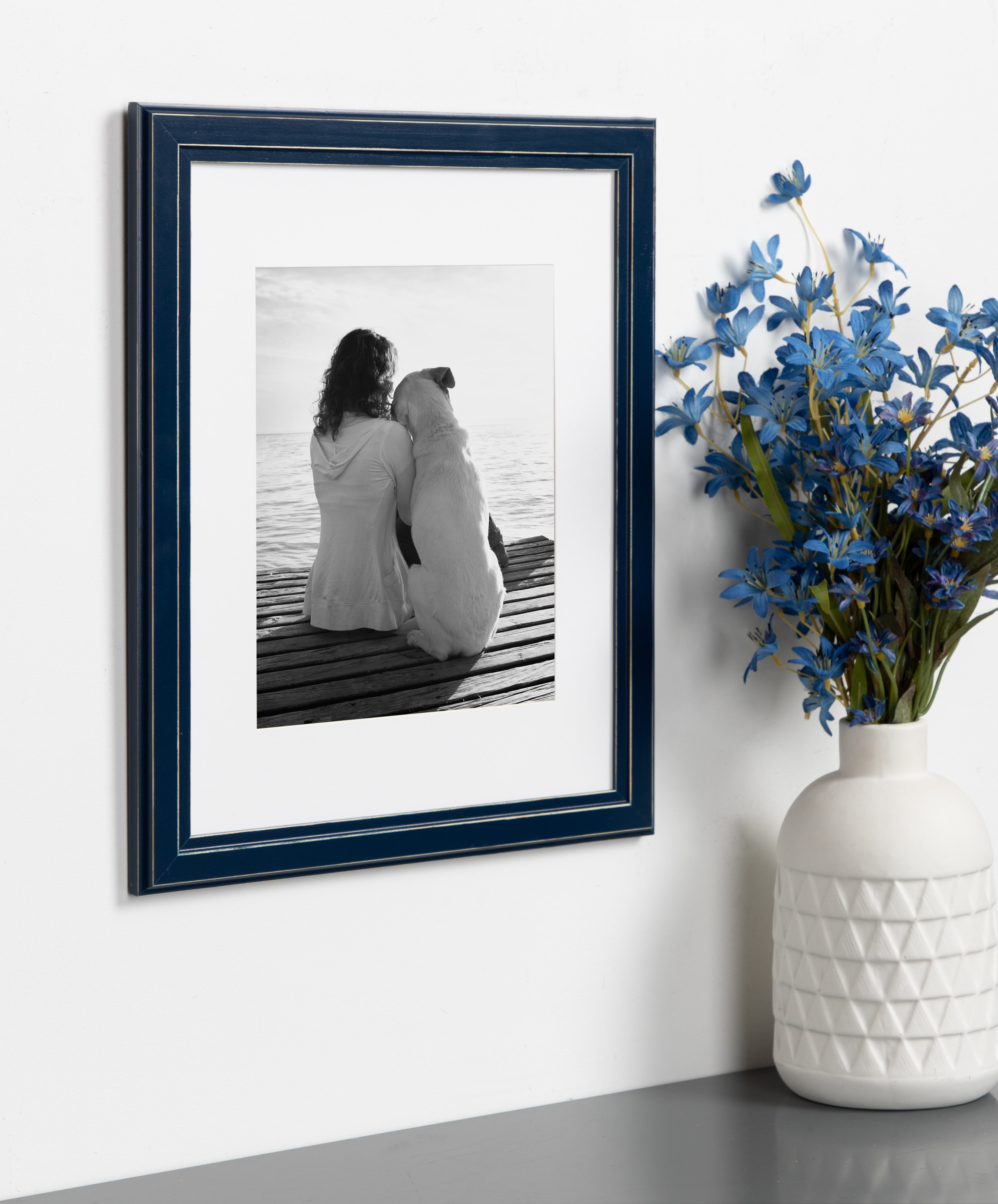 DesignOvation Kieva Solid Wood Picture Frames, Distressed Navy Blue 11x14 matted to 8x10, Pack of 4