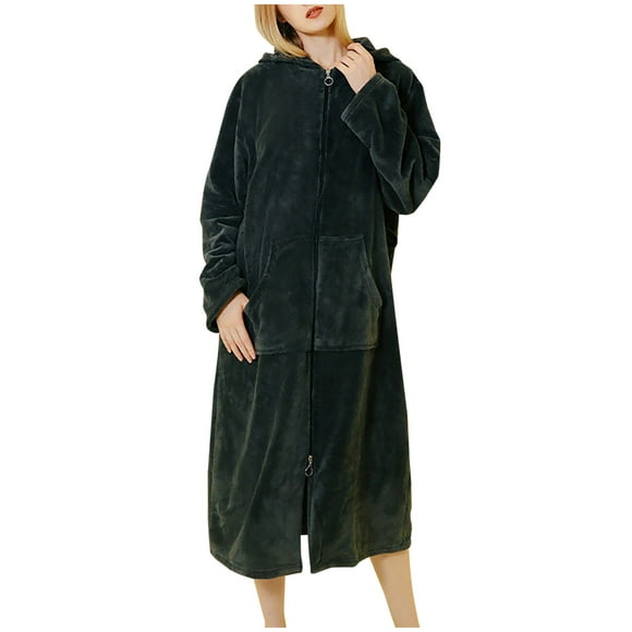 Besolor Robes de Nuit en Molleton pour Femmes à Capuche Fermeture Éclair en Peluche devant Long Peignoir Chaud Robe de Chambre avec Poches