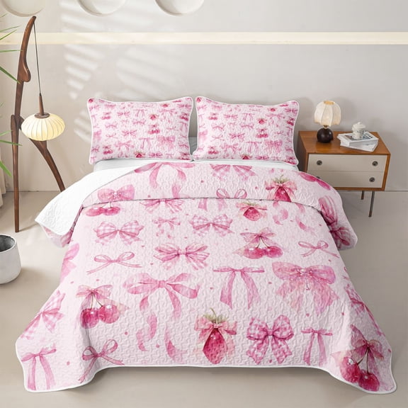 Erosebridal Strawberry Cherry Bowknot Twin Quilt Set for Girls Women, Cute Princess Style Twin Coverlet Set, 2-Piece