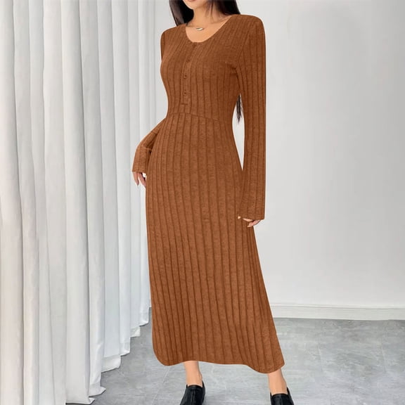 Blmnix Valentine Dresses for Women Elegant Stripe Faux-Wrap Dresses Brown V-Neck Long Sleeve Skirt for Women,S