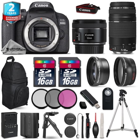 Canon EOS Rebel 800D Camera + 50mm 1.8 + 75-300mm + EXT BAT + 32GB +2yr Warranty