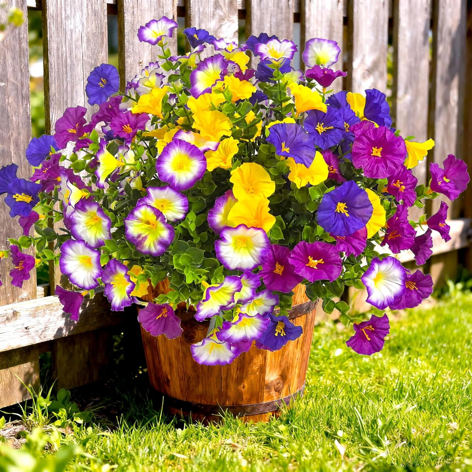 Artificial Flowers for Outdoors Fake Plants Spring Summer Decor, 12 Bundles Realistic Fake Silk Flowers Colorful Morning Glory UV Resistant Faux Flowers for Porch Outside Planter Porch Patio Yard