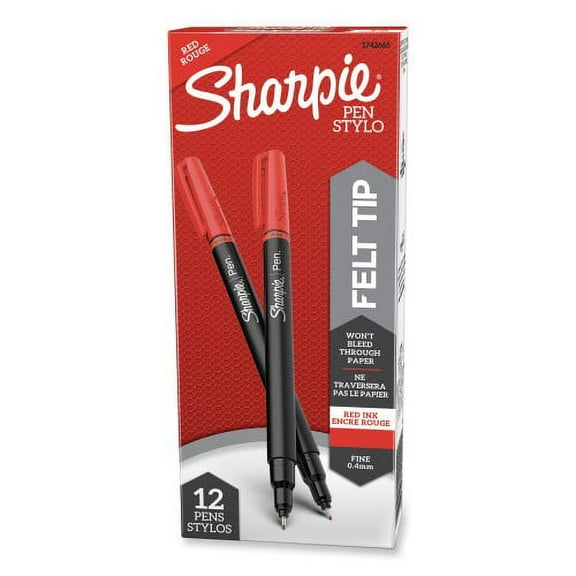 Sharpie Water-Resistant Ink Porous Point Pen, Stick, Fine 0.4 mm, Red Ink, Black/Gray/Red Barrel, Dozen (1742665)