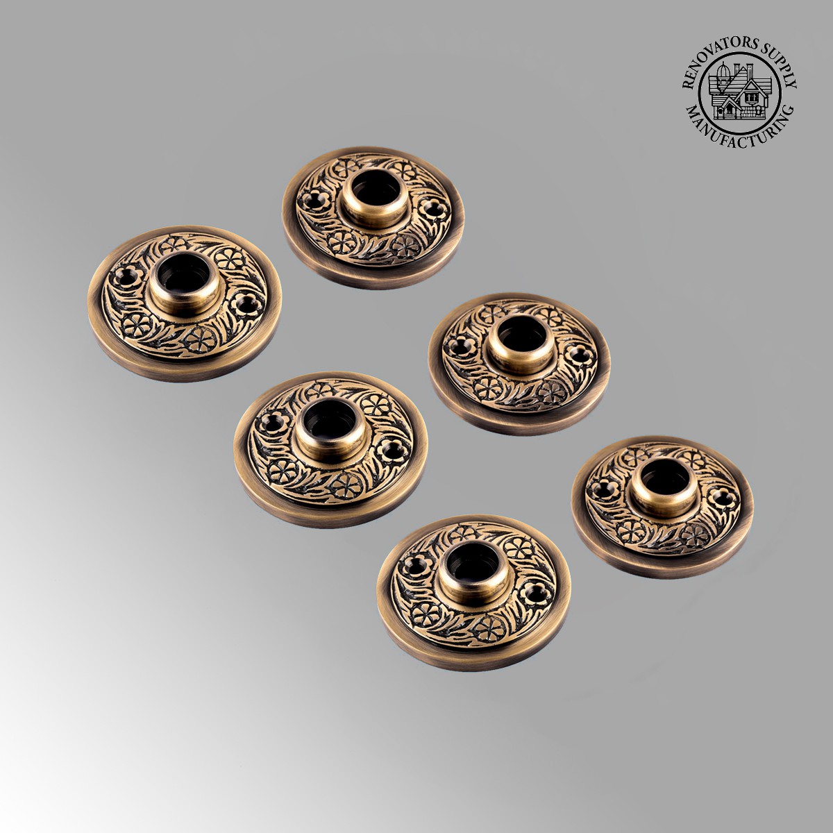 Pair of Victorian Rosette Antique Brass Kitchen Cabinet Door Knob Rosette 2.5" Dia. Round Escutcheon Back Plate Tarnish Resistant Rose Covers Renovators Supply Pack of 3