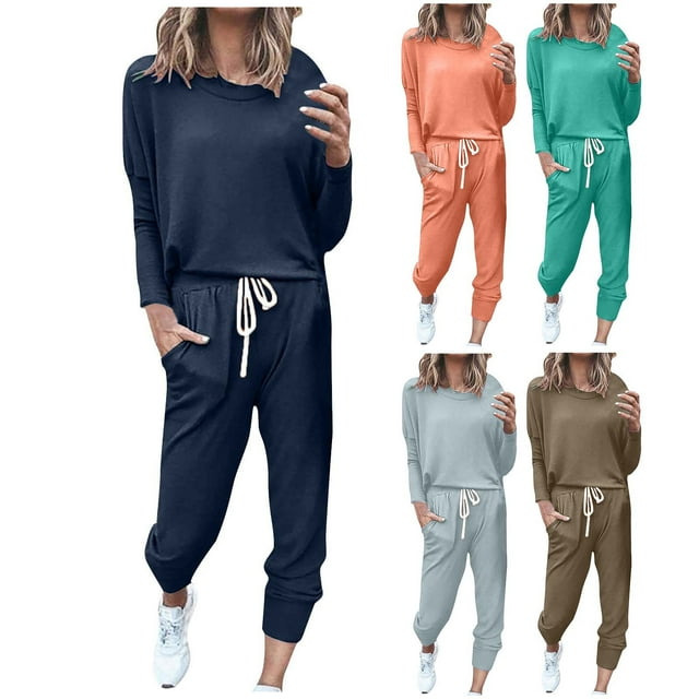 Fartey Women's Plus Size Solid Color Sweatsuit Set 2 Piece Long Sleeve Round Neck Pullover and Fall Drawstring Sweatpants with Pockets Sport Outfits Sets,3XL