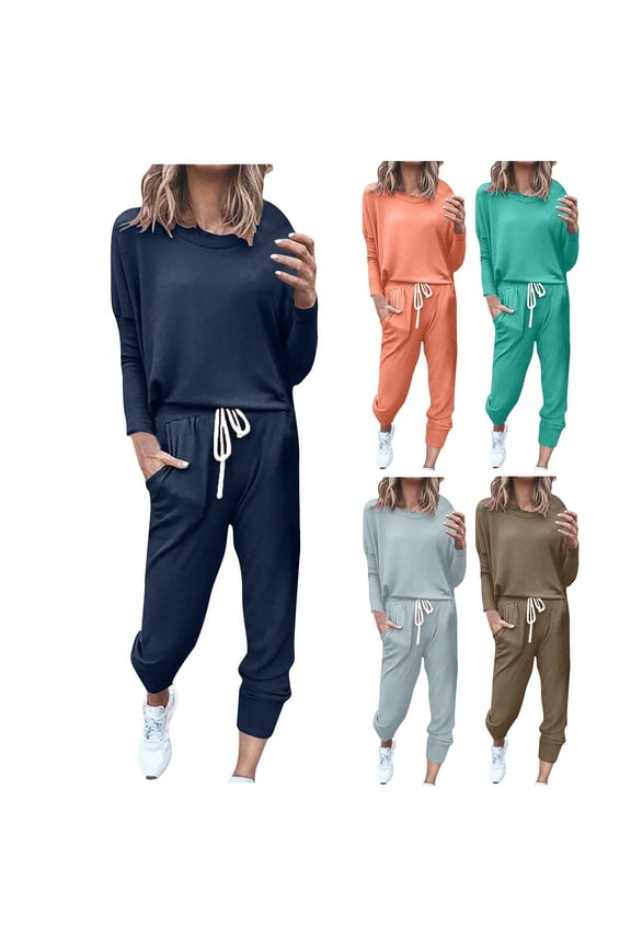 Women Tracksuits 2 Piece Set Lightweight Comfy Round Neck Sweatshirt Waist Stretch Sweatpants Solid Color Plus Size Sportwear Suit Today's