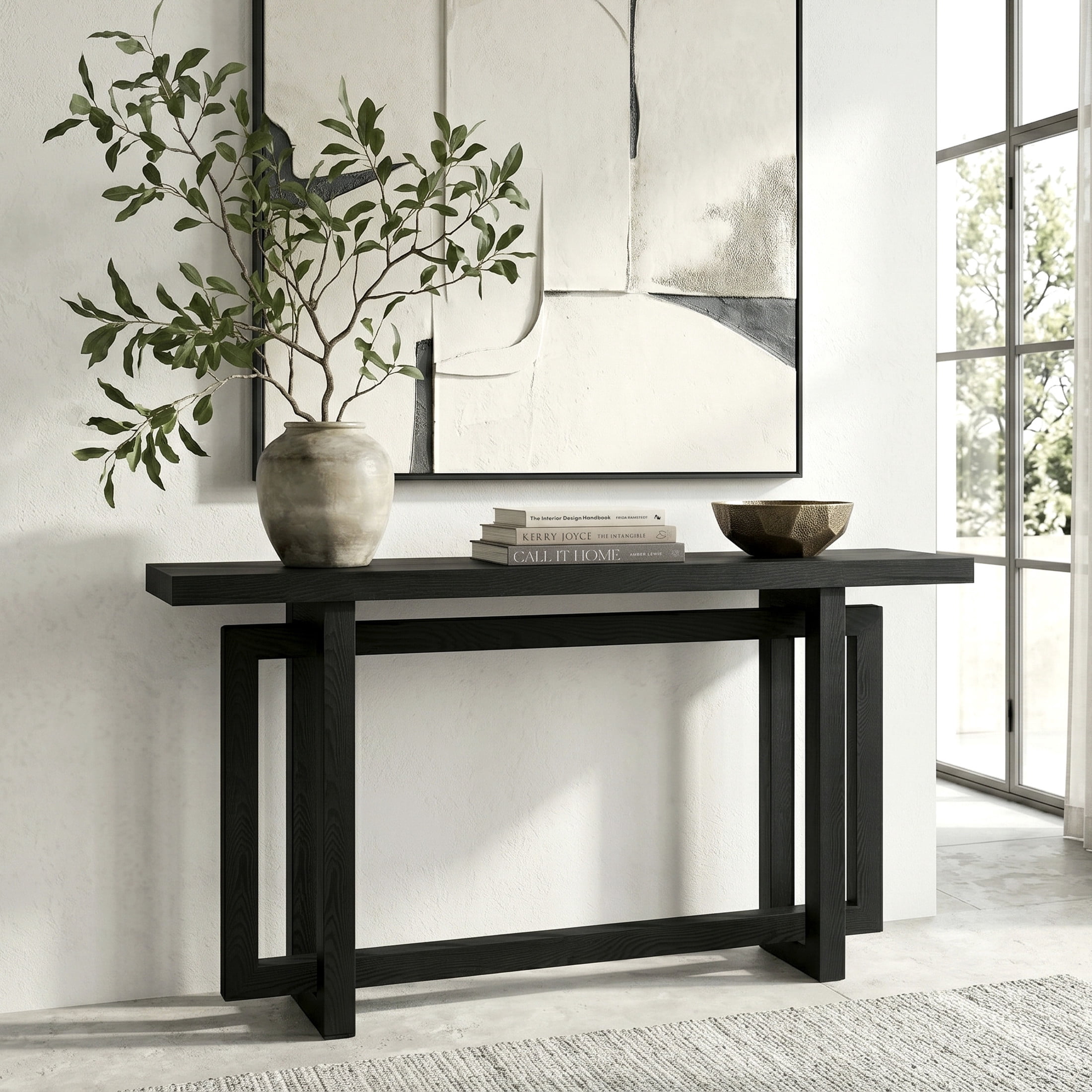 Evelyn&Zoe Breslow 55" Wide Rectangular Console Table, Black Grain