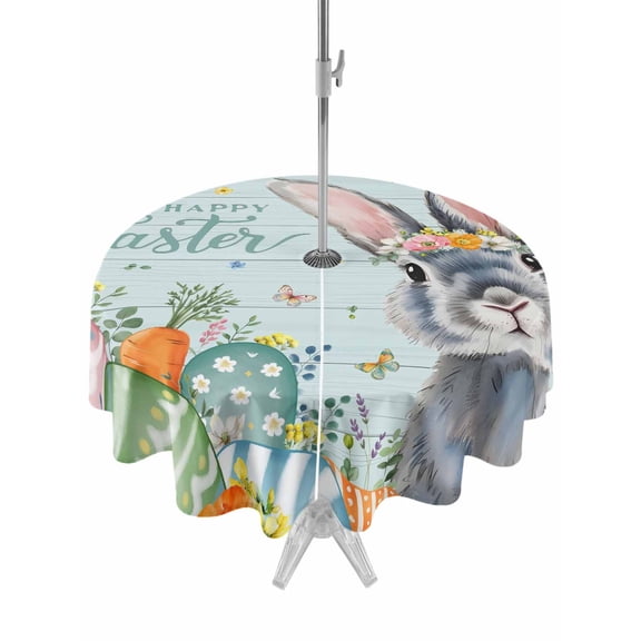 Happy Easter Outdoor Tablecloth - 60 Inch Round Dining Table Cover, Spring Bunny Easter Eggs Floral Teal Wood Waterproof Outdoor Table Cloth with Umbrella Hole & Zipper for Picnic/Patio/Party