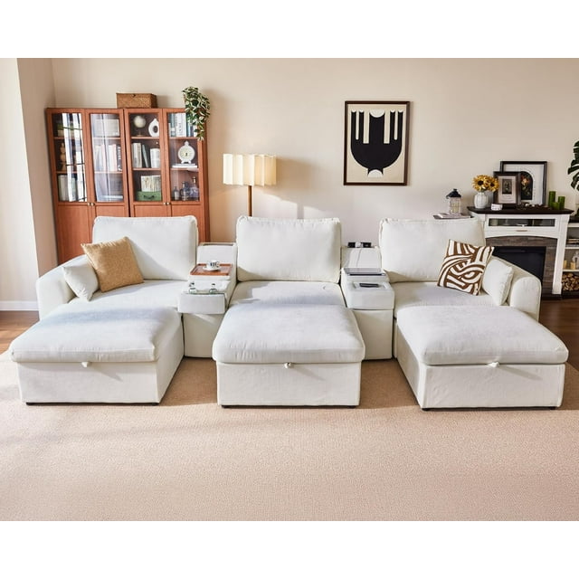 BEDEEP Canapé Sectionnel Modulaire de 152,4 Po avec Console et Station de Recharge, Canapé Nuage en Chenille en Forme de U avec Pouf de Rangement, Canapé Profond Convertible 6 Places avec Méridienne pour Salon, Blanc