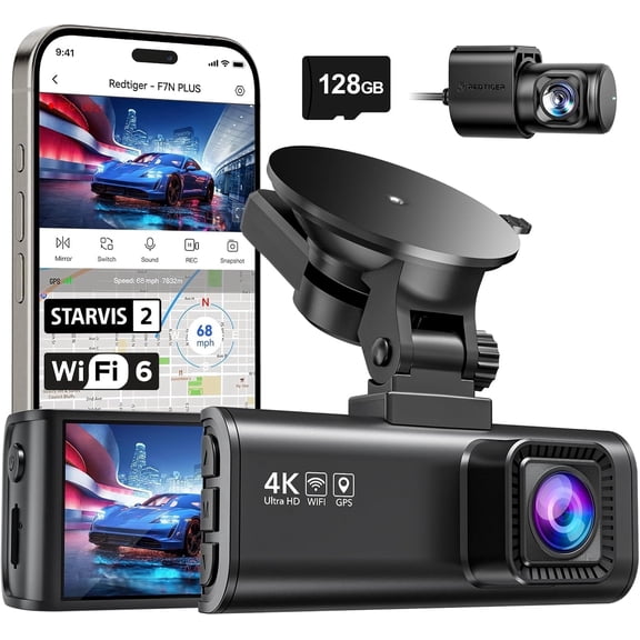 REDTIGER F7NP Dash Cam Front and Rear, 4K Full HD Car Camera with STARVIS 2, 3.18” IPS Screen, Free 128GB Card, 5.8GHz Wi-Fi, GPS, Night Vision, Loop Recording, Parking Mode