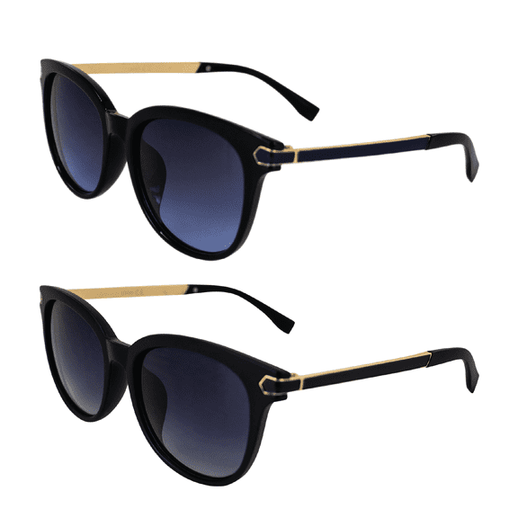 AlterImage Allure Fashion Retro Sunglasses for Women 2 Pair Black Frames w/ Dual-Color Metal Temples & Gradient Blue & Smoke Lenses
