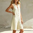 thumbnail image 5 of Women's Striped Sleeveless Romper V-Neck Button-Down Loose-Fit Casual Summer Jumpsuit with Pockets Beige M(M), 5 of 7