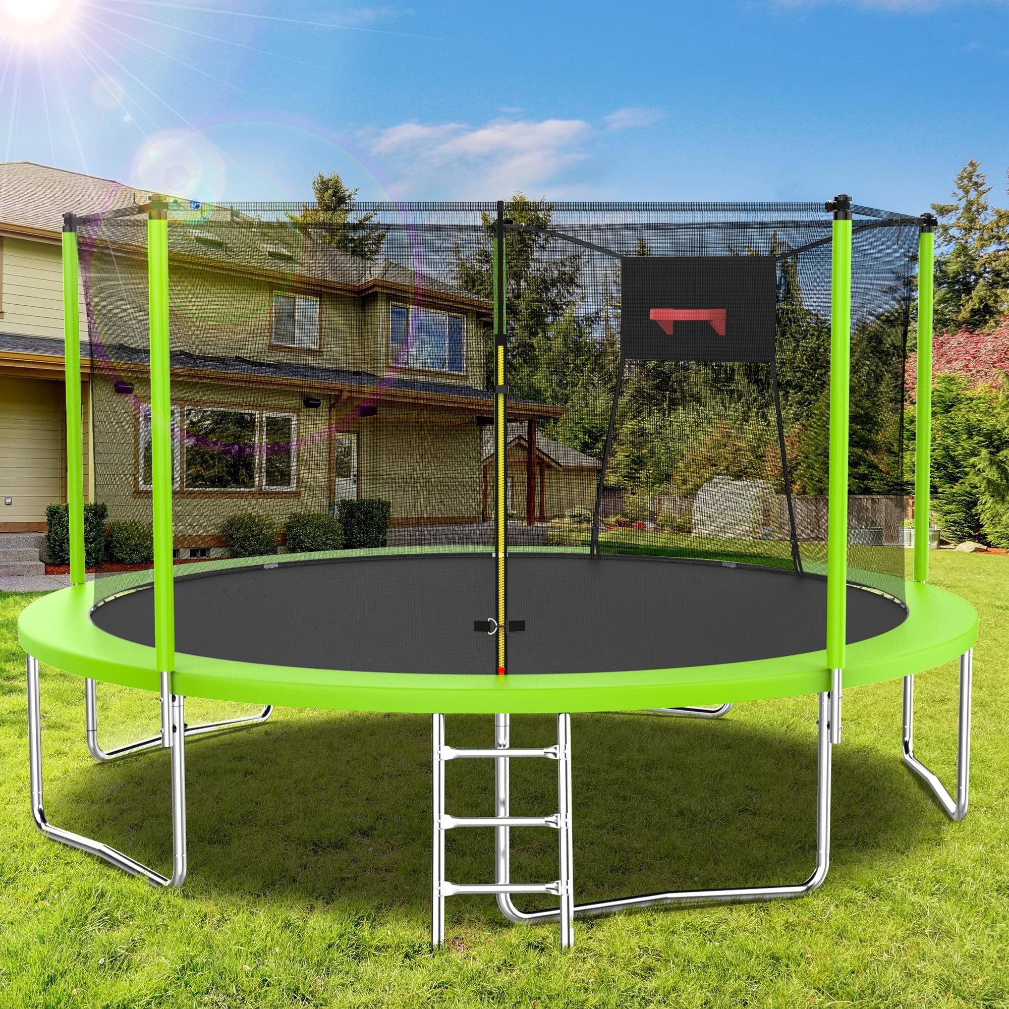 14FT Kids Adults Trampoline - Round Trampoline with Enclosure Net & Basketball Hoop, Trampolines for Kids Max 1320LBS 6-8 Kids Jumping, All-Weather Trampolines for Outdoor Lawn Garden Yard