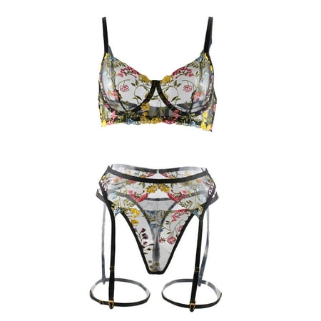 

Summer Savings Clearance 2023! WJSXC Ladies Fashion Sexy Cute Lingerie Hollow Lace Flowers Ruffles Sexy Underwear Thong Garter Belt Suit Black M